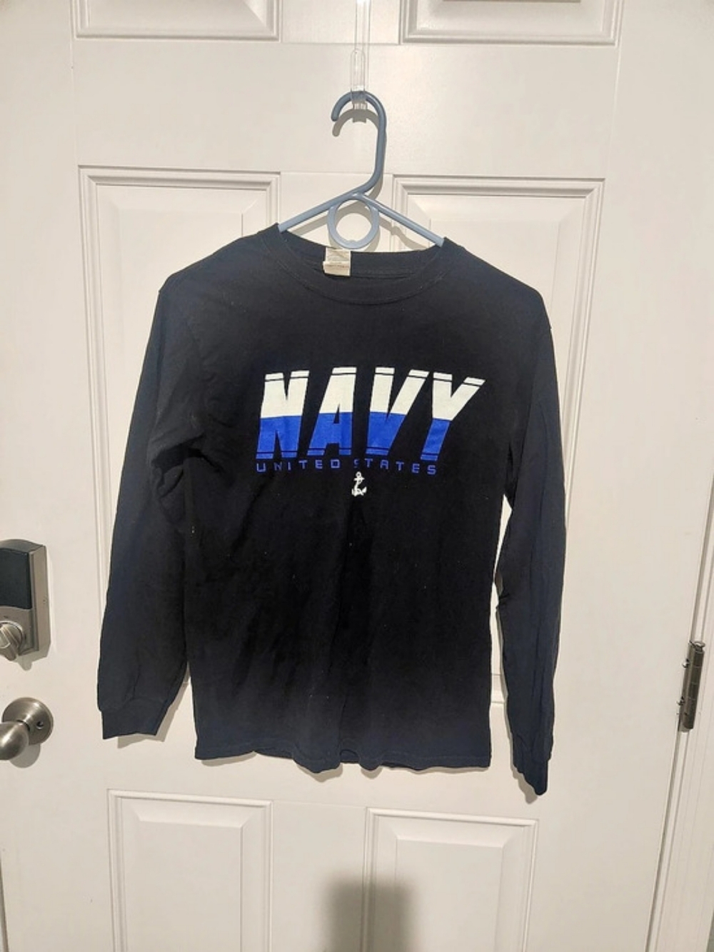 Gildan Heavy Cotton Men's Small Black Double-Sided Navy Graphic Long Sleeve Tee